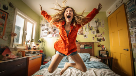 Carefree longhaired girl in red pajamas expressing amazement Indoor photo of adorable surprised lady lying in bed : Generative AIの素材