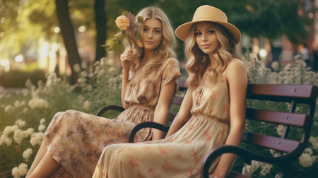 Blissful curly girl in light vintage dress looking down while posing next to adorable sister Outdoor portrait of longhaired young woman in straw hat hanging out with best : Generative AIの素材