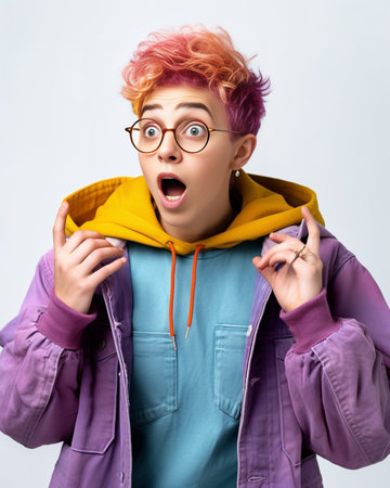 Cute european woman in colorful periwig posing with tongue out Studio shot of confident blissful girl with pink hair wearing glasses and purple sweater : Generative AIの素材