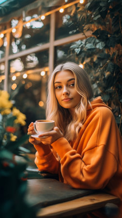 Blonde Asian girl in beige oversized sweater sits in cafe with cup of coffee and carrot juice : Generative AIの素材