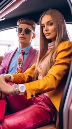 Charming brunette man in sunglasses black suit looks at girlfriend with smile and puts yellow suitcase into car trunk Attractive blonde woman in white outfit poses near a : Generative AIの素材