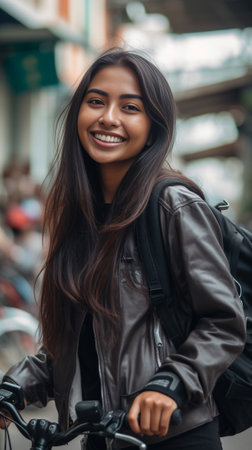 Laughing curly darkhaired girl looking back standing on old street in morning Pretty young lady with leather backpack posing with bicycle waiting friend on avenue : Generative AIの素材