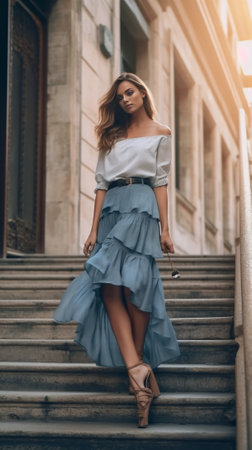Amazing european woman chilling on stairs after walk around town and smiling to camera Pinkhaired inspired girl in dress posing on the steps : Generative AIの素材