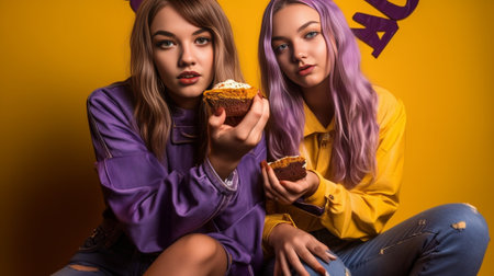 Young brunette woman in white hoodie looks judgmentally at girl in purple sweater Lady in denim skirt holds milk chocolate bar Girl in jeans pose with green fresh apple o : Generative AIの素材