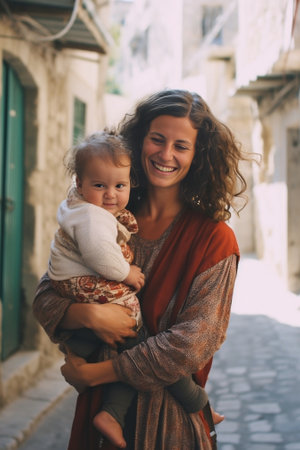 Inspired woman in good mood holding daughter and laughing while posing in alley with green trees Outdoor portrait of adorable young mom carrying girl in white dress with  : Generative AIの素材