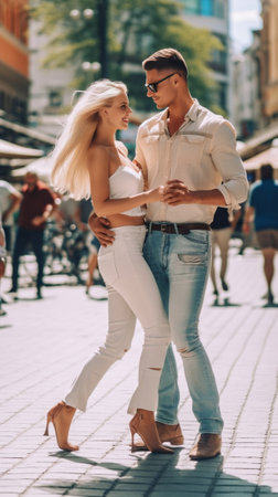 Fulllength portrait of fascinating girl in elegant sandals dancing with boyfriend on the street while posing with friends Outdoor photo of cheerful young people fooling a : Generative AIの素材