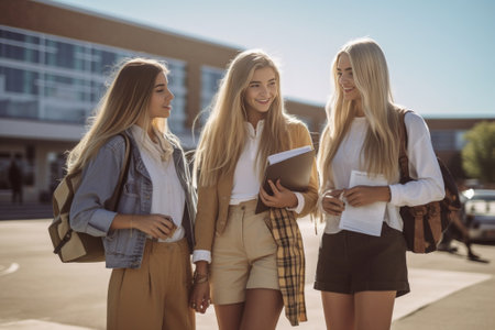 Happy blonde girl wears jeans with holes posing outdoor near smiling friends Outdoor portrait of pleased students holding laptop and backpacks in morning : Generative AIの素材