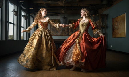 Spectacular girl in long dress dancing with her female friend Indoor shot of funny ladies holding hands and jumping : Generative AIの素材