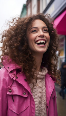 Curly woman posing outside and laughing : Generative AIの素材