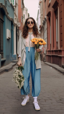 Cute young caucasian brunette woman holding pot of blooming flowers outdoors Girl wears sunglasses casual clothes Happy day concept : Generative AIの素材