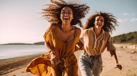 Positive redhaired lady in beige jacket having fun with brunette girl Outdoor portrait of two female models spending weekend near sea : Generative AIの素材