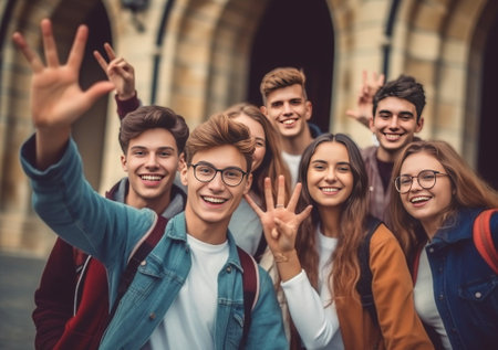 Inspired students happy posing with hands up because exams is over Indoor portrait of blissful university mates having fun in campus before holidays : Generative AIの素材