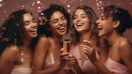 Enchanting curly girls spending time at new year party and enjoying champagne Indoor portrait of stylish ladies dancing together on light background and laughing : Generative AIの素材