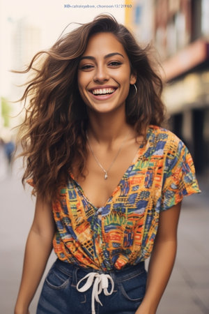 Amazing woman with wavy black hair relaxing in spring day Carefree latin female model posing with inspired smile on the street : Generative AIの素材