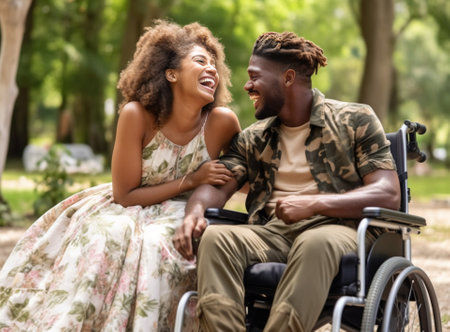 Blissful girl with black straight hair stroking boyfriends face while sitting on scooter Outdoor portrait of young couple resting together in park after riding around tow : Generative AIの素材