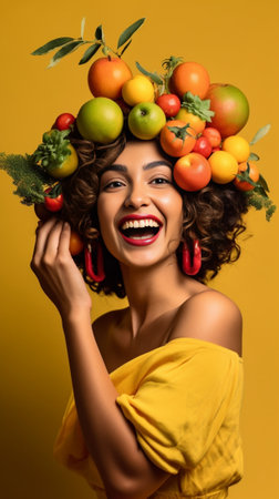 Excited blonde woman holding peach and laughing Charming female model in straw hat posing with fruits on light background : Generative AIの素材