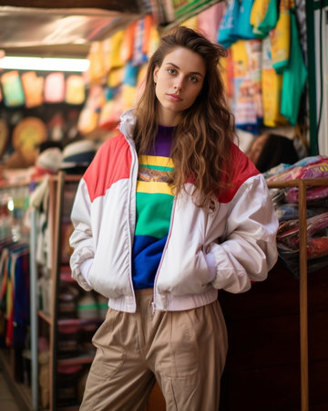 Friendly young caucaisan girl posing at camera at amusement park with decorate house on background Brunette wears caual winter clothes Concept of funny moments weekends : Generative AIの素材