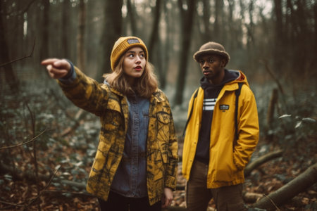 Cute girl in yellow sunglasses and poncho holding boyfriends hand walking into forest Outdoor portrait of enthusiastic blonde young woman in straw hat going to explore ne : Generative AIの素材