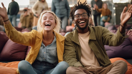 Cheerful young african guy and girl wave their hands to classmate meeting her on street Students wear casual clothes in spring to study Lifestyle concept : Generative AIの素材