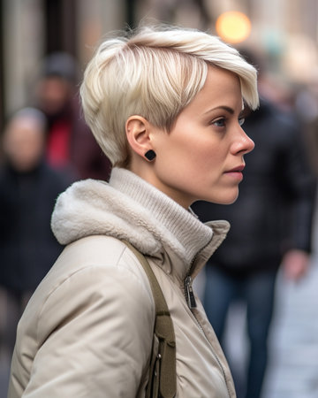 Closeup portrait of magnificent lady with straight blonde hair looking away with little bit worried face expression Elegant woman in trendy sweater walking around city wi : Generative AIの素材