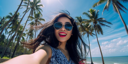 Beautiful model girl with long dark hair in long white dress sits on the sandy beach with green exotic palm trees in sunglasess and dreams with a smile : Generative AIの素材