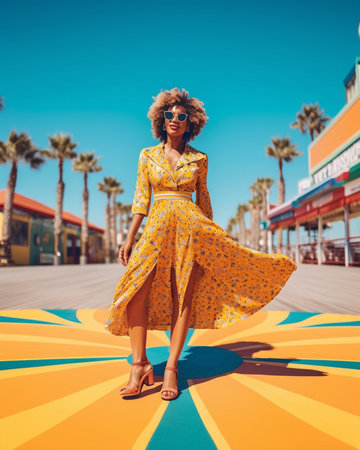 Fulllength portrait of jumping blonde woman in yellow sunglasses laughing to camera Outdoor photo of romantic girl expressing happiness chilling at summer resort : Generative AIの素材