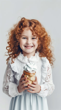Curly girl with gray eyes wants to eat huge whitered lollipop posing on isolated background : Generative AIの素材