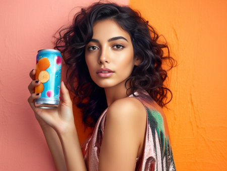 Fashionable lady with curly brunette hair in shiny stylish dress holding glass with drink and looking into camera on pink background : Generative AIの素材