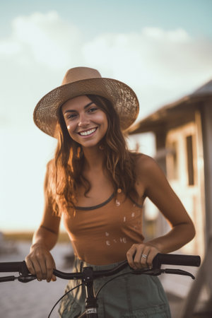 Pretty young woman with wavy brown hair posing beside red car Outdoor portrait of joyful girl in straw hat sitting on bicycle : Generative AIの素材