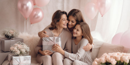 Happy young asian girl opens present from her caucasian female friends sitting next to each other on couch Blonde brunette and redhead women wear sleepwear Pleasant surpr : Generative AIの素材