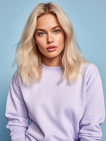 Surprised woman with blonde hair in lilac sweatshirt and jeans listening to secret from granddaughter on orange backdrop : Generative AIの素材