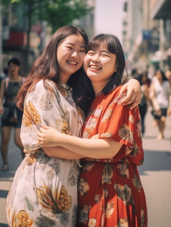 Dark haired woman in floral print dress looks into camera Surprised young lady with bright lipstick in summer clothes posing : Generative AIの素材