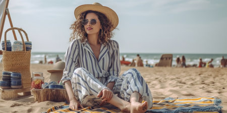 Image young caucasian woman wears striped sundress spends time on beach Brown hair female holds book in hand lying on underlay near ocean Concept education relax : Generative AIの素材
