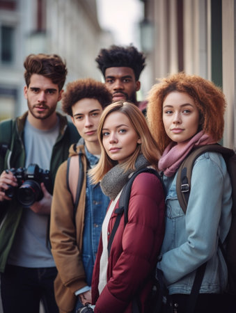 Beautiful young interracial students looking at camera standing after class near university Guy with girls wear casual clothes in spring Leisure concept : Generative AIの素材