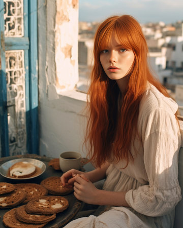 Portrait pretty young girl with long hair having breakfast on balcony in the morning She holds a cup croissant keeps eyes closed and looks enjoyed : Generative AIの素材
