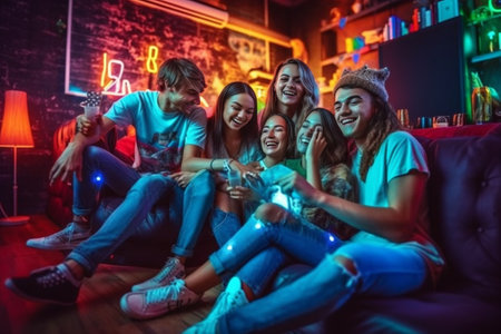 Cute girls look at tablet and laugh Women in jeans sit on floor leaning on sofa : Generative AIの素材