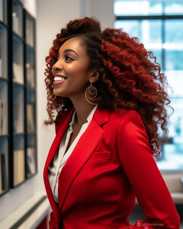 Stylish attractive darkskinned woman in white blouse smiles sincerely and holds hanger with red dress in dressing room : Generative AIの素材