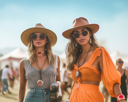 Closeup photo of two young fairskinned girls taking photo against blurred sky background Fairhaired lady with transparent glasses and hat on her head Brunette in white to : Generative AIの素材