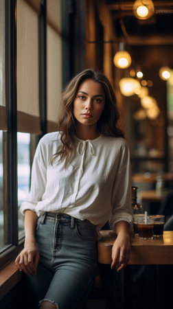 Inspired girl with dark hair drinking latte near old historical place Magnificent caucasian woman in blue jeans waiting friend beside museum : Generative AIの素材