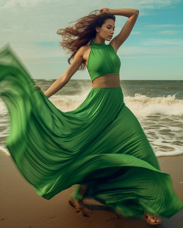 Tender lady in fashionable green dress playing her long wavy hair and posing in sun on outdoor Joyful girl in modern clothes smiling : Generative AIの素材