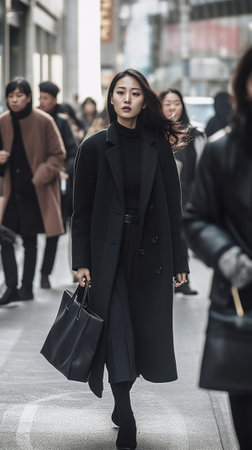 Brunette young lady in black trench coat walks outside Asian tanned woman in stylish outfit holds handbag : Generative AIの素材