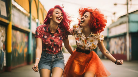 Full length photo of small red haired girl in jeans and black sneakers and her slim smiling sister in short skirt and bright shirt : Generative AIの素材