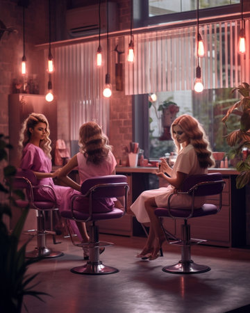 Preparation to great party of joyful young women in beauty salon Expressing true posititve emotions stylish look fashionable models beautiful coiffure makeup beauty servi : Generative AIの素材