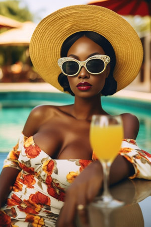 Fascinating caucasian woman in yellow sunglasses posing with interest in summer Outdoor photo of beautiful female model in hat resting at exotic resort : Generative AIの素材