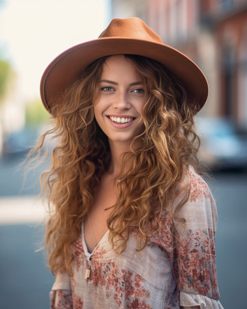 Woman in high spirits coquettishly touches her wavy hair Lady in cotton shirt and corduroy cap is smiling next to building in resort town : Generative AIの素材