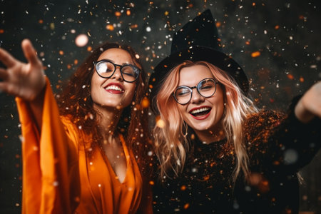 Pretty lady with curly hairstyle raises her glass at halloween party and smiling Indoor portrait of blissful female woman dressed like witch celebrating birthday with con : Generative AIの素材
