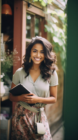 Cheerful young caucasian woman holding notepad waving to side sitting outdoors Brunette with wavy hair wears classic dress style Student concept : Generative AIの素材