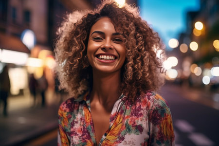 Curly lady smiling and walking through city : Generative AIの素材