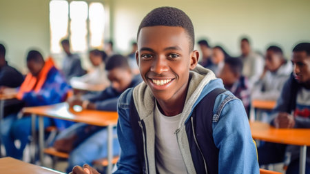 Closeup photo of african boy in blue shirt looking at pretty girls wears denim pants Indoor portrait of students talking about their studies with interest : Generative AIの素材