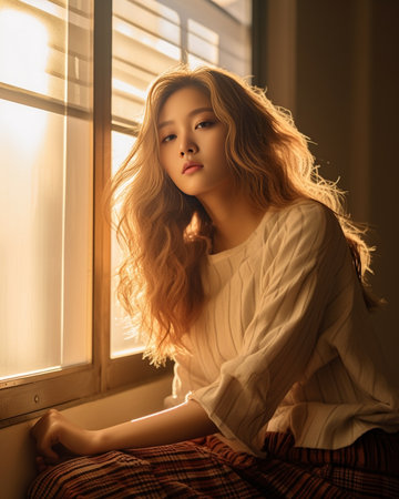Cute caucasian adult lady with her eyes closed is basking in sun sitting on windowsill on warm day Longhaired blonde wears casual clothes Concept of enjoying moment : Generative AIの素材